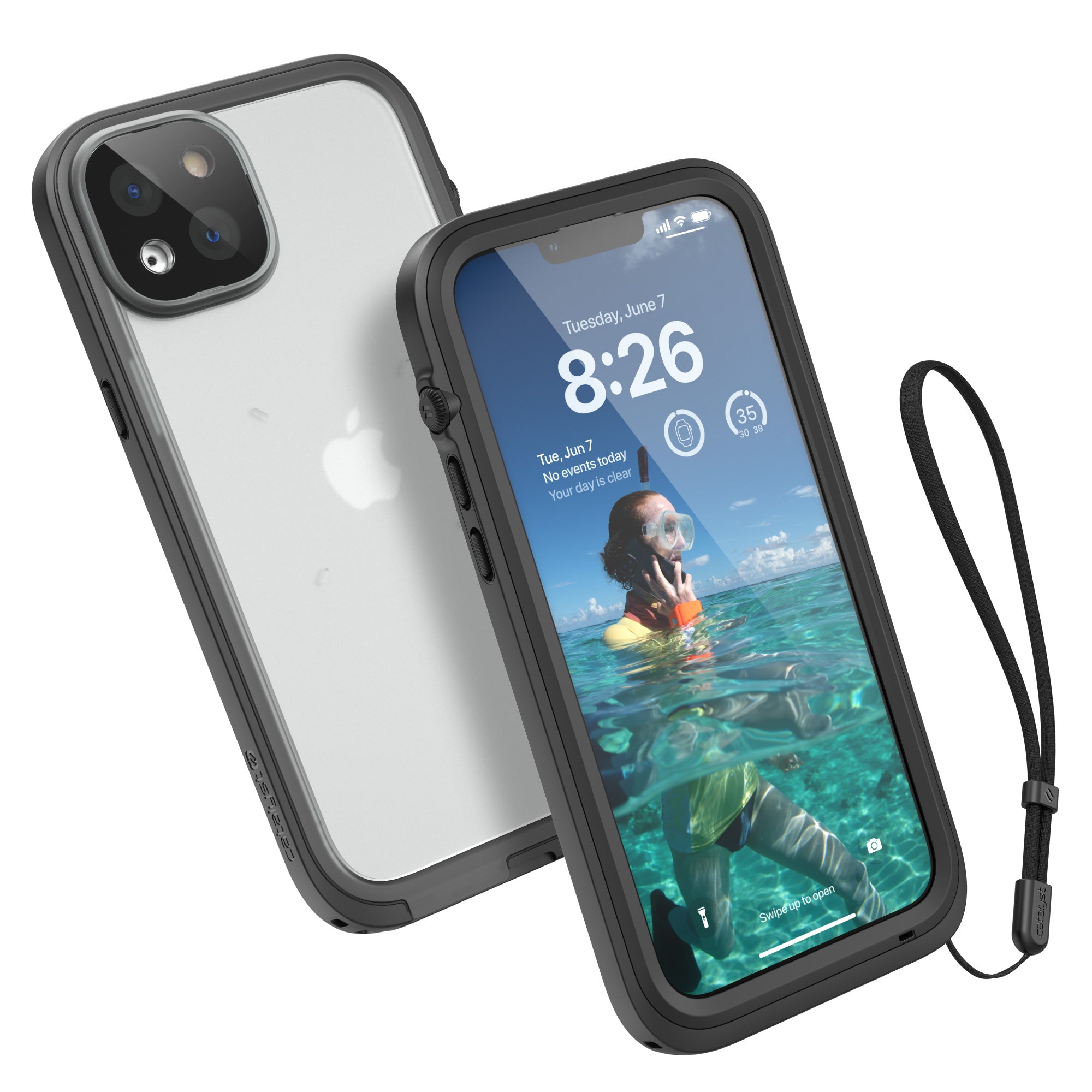 Catalyst Waterproof Case Total Protection iphone 14 series showing the fron and the back of the case with lanyard installed