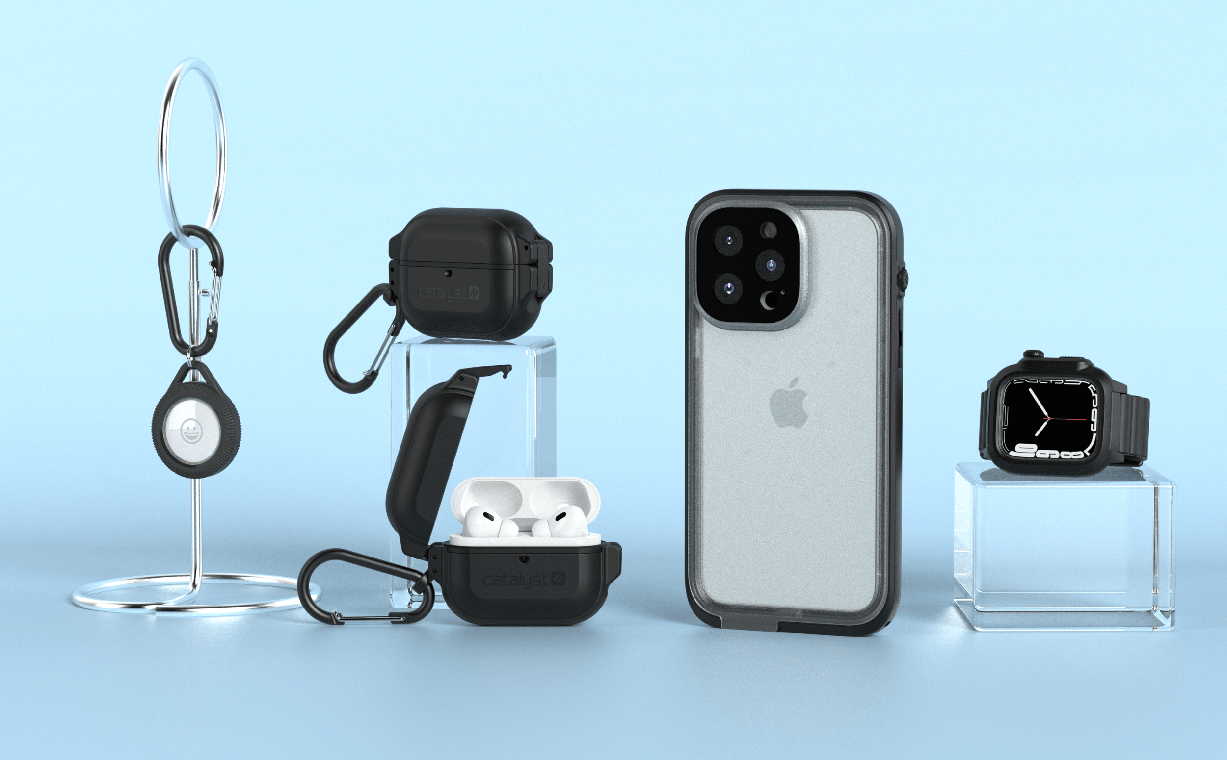 Diagram of Catalyst Case Waterproof Airtag case, Waterproof Airpods Case, Waterproof Airpods Pro Case, Waterproof and Magsafe iPhone 14 Case, Waterproof Apple Watch Case