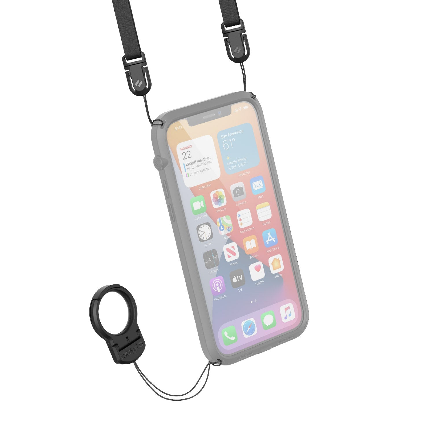 catalyst shoulder strap and ring stand bundle attached on an iphone