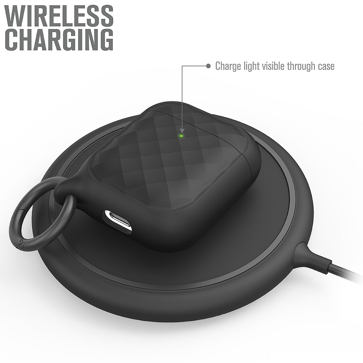 Catalyst airpods gen2/1 case ring clip carabiner showing the case on the wireless charger text reads charge light visible through case wireless charger