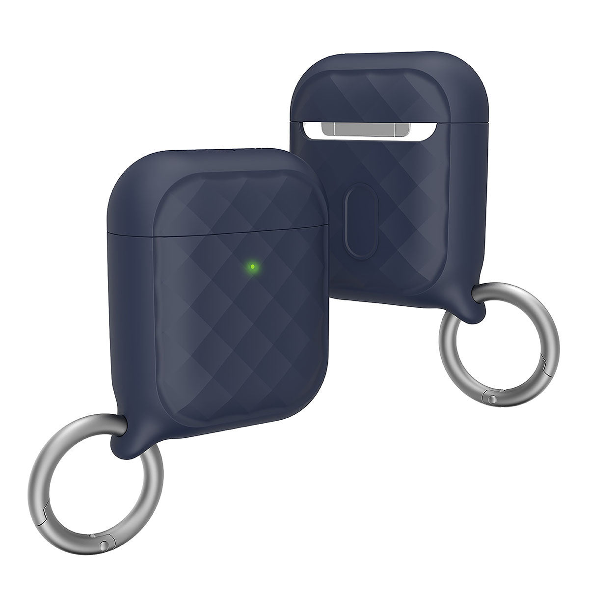Catalyst airpods gen2/1 case eing clip carabiner showing the front and back of the case with ring clip carabiner attached