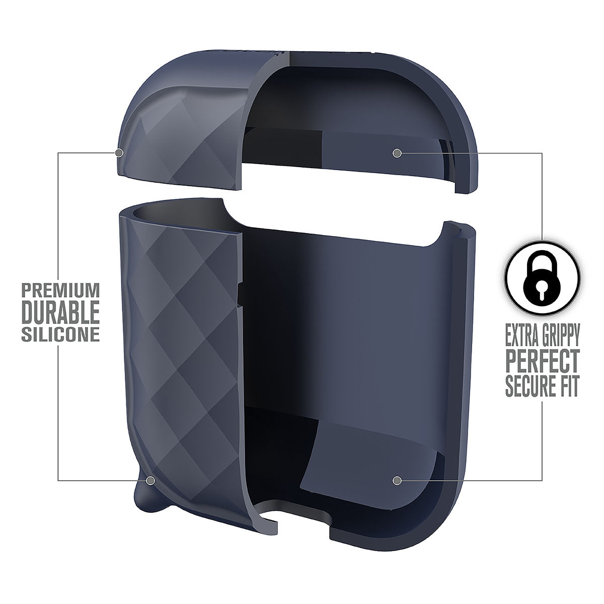 Catalyst airpods gen2/1 case eing clip carabiner showing the interior of the case text reads premium durable silicone extra grippy perfect secure fit
