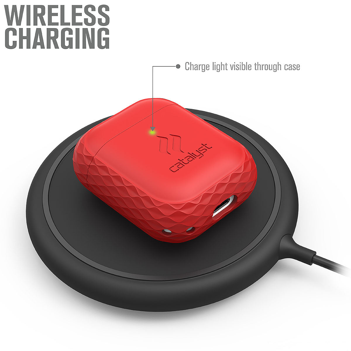 Catalyst airpods gen2/1 case plus lanyard showing the case on the wireless charger text reads wireless charging charge light visible through case