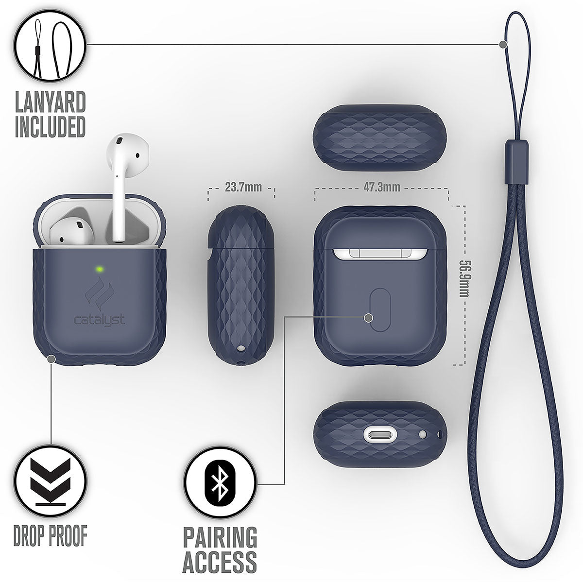 Catalyst airpods gen2/1 case plus lanyard showing the case's different sides and dimension text reads drop proof pairing access lanyard included