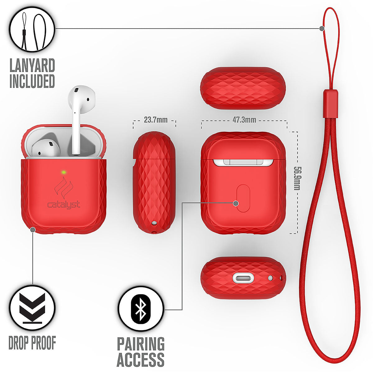 Catalyst airpods gen2/1 case plus lanyard showing the case's different sides and dimension text reads drop proof pairing access lanyard included