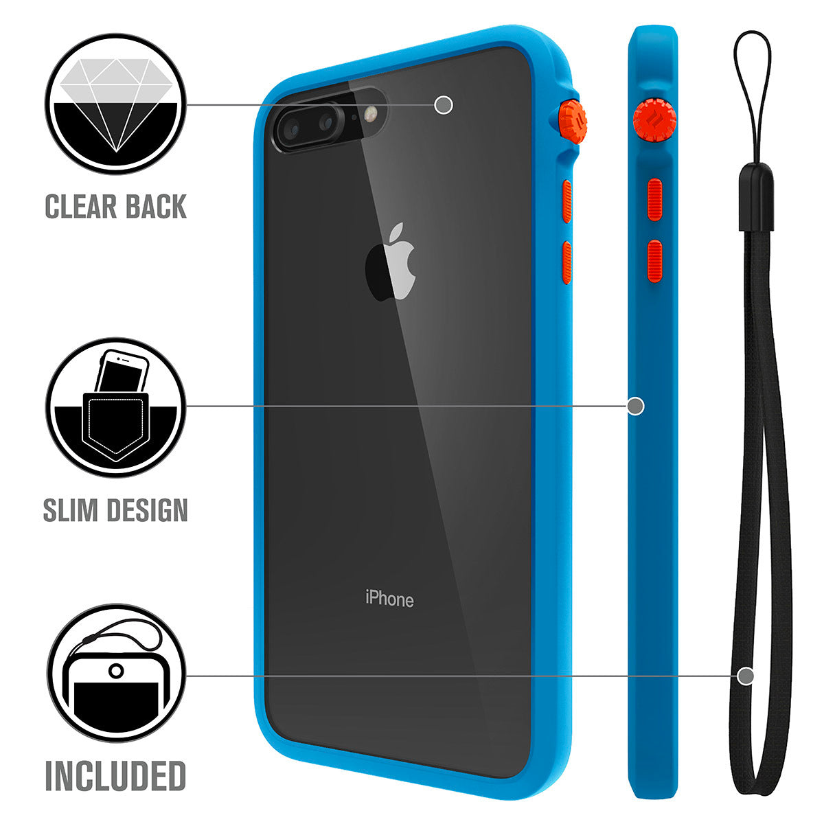 Catalyst Impact Protection Case for iPhone 8 Plus and 7 Plus showing the back and side of the case with lanyard text reads clear back slim design lanyard included