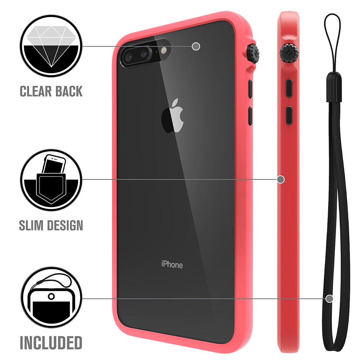 Catalyst Impact Protection Case for iPhone 8 Plus and 7 Plus showing the back and side of the case with lanyard text reads clear back slim design lanyard included