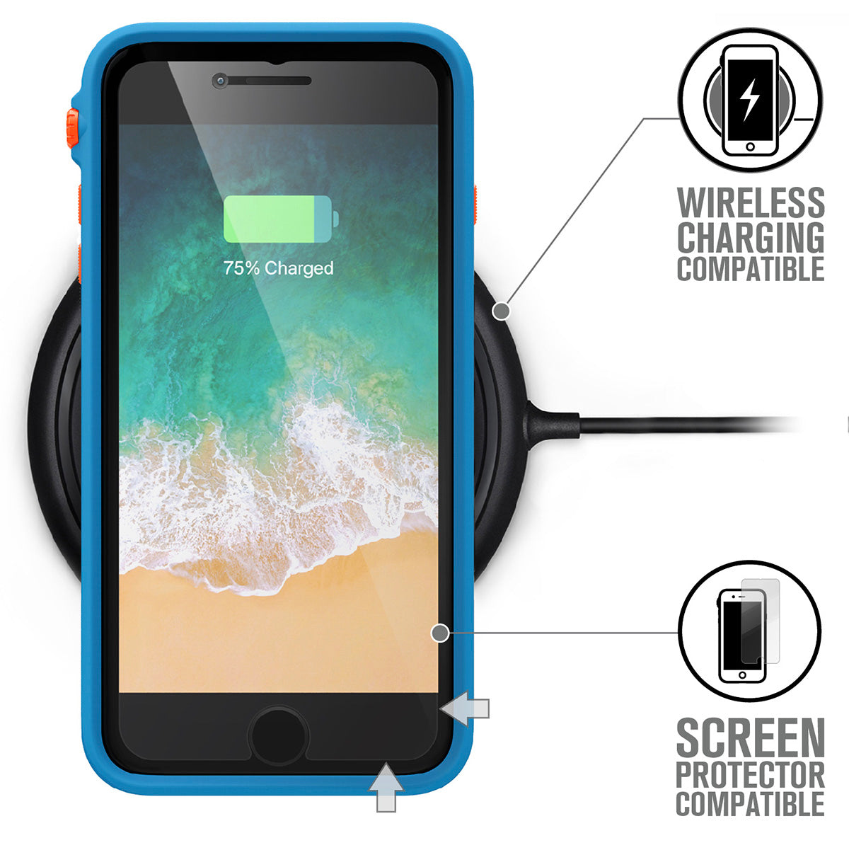 Catalyst Impact Protection Case for iPhone 8 Plus and 7 Plus showing the case on the wireless charger text reads wireless charging compatible screen protector compatible