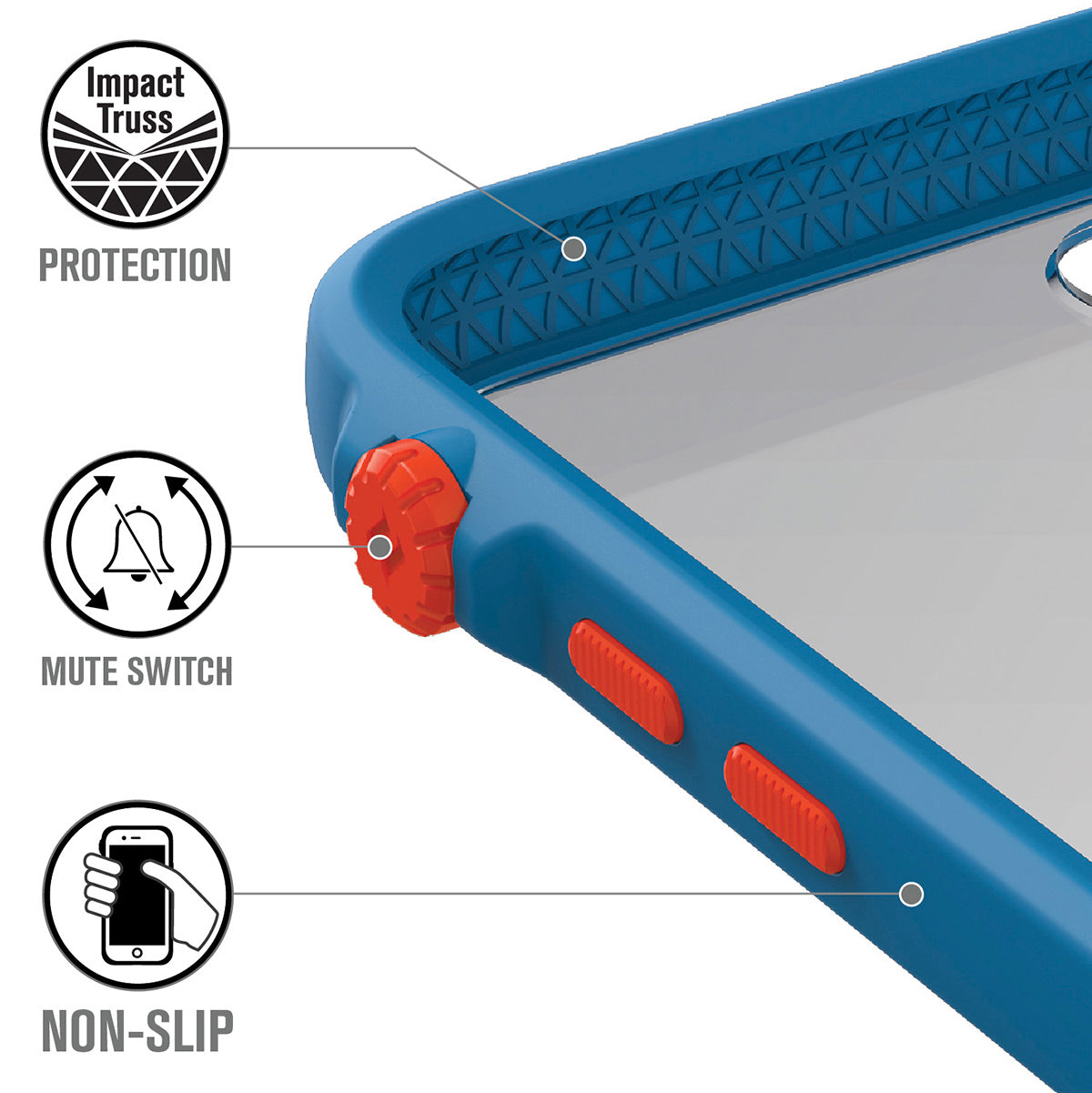 Catalyst Impact Protection Case for iPhone 8 Plus and 7 Plus showing the interior of the case text reads impact truss protection mute switch non slip