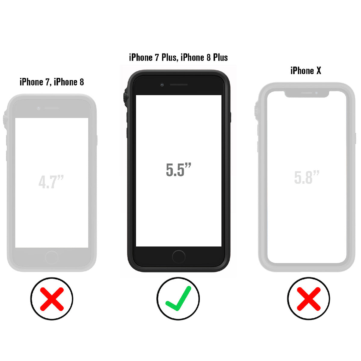 Catalyst Impact Protection Case for iPhone 8 Plus and 7 Plus showing the size comparison text reads iPhone 7, iPhone 8 iPhone 7plus and 8plus, iPhone x