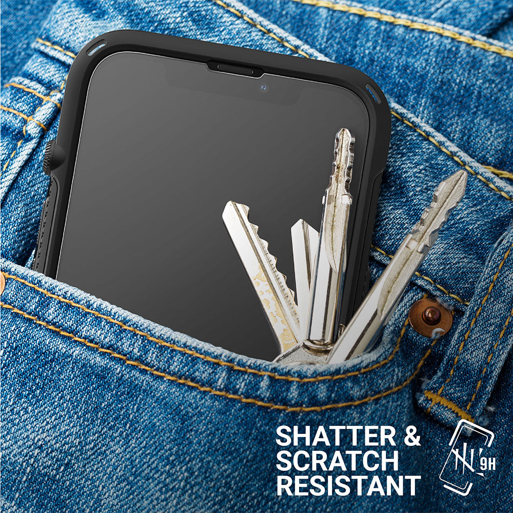 Catalyst Add a Tempered Glass Screen Protector inside the pocket with keys text reads shatter and scratch resistant 9H