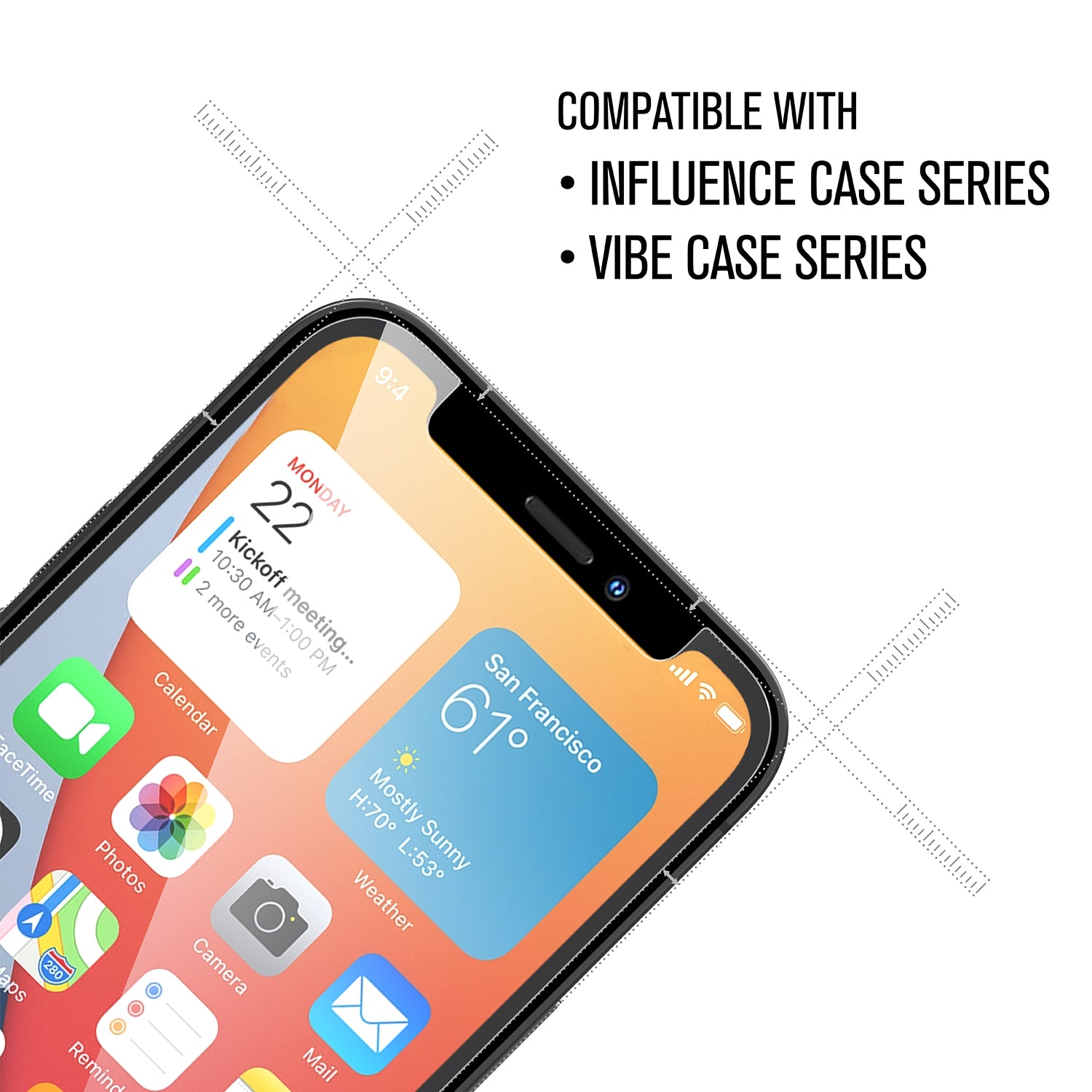 Catalyst Add a Tempered Glass Screen Protector on iphone text reads compatible with influence case series and vibe case series