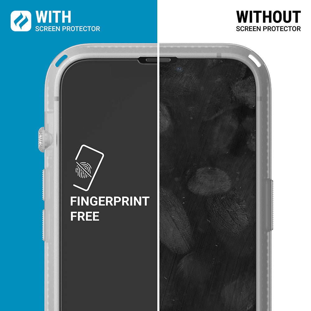 Catalyst Add a Tempered Glass Screen Protector on iphone with and without smudges and with and without screen protector text reads with and without screen protector fingerprint free