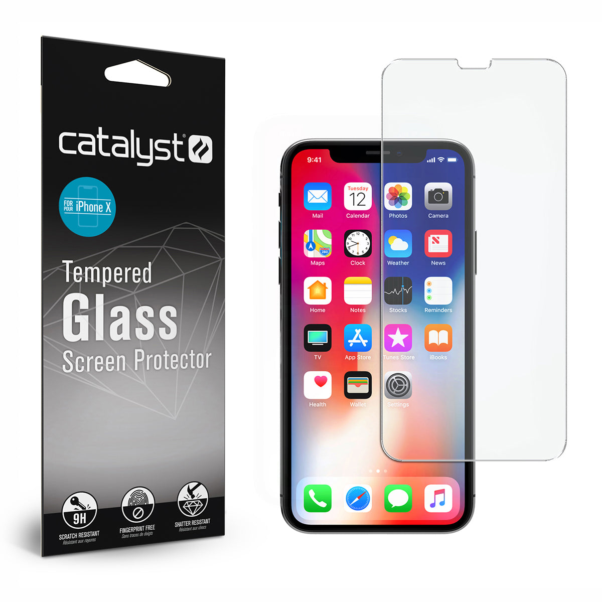 Catalyst Add a Tempered Glass Screen Protector with packaging and tempered glass screen protector and iPhone.