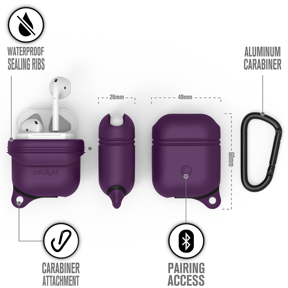 CATAPDPPL | Catalyst airpods gen2/1 waterproof case + carabiner showing the case dimension and features in deep plum text reads waterproof sealing ribs aluminum carabiner pairing access carabiner attachment