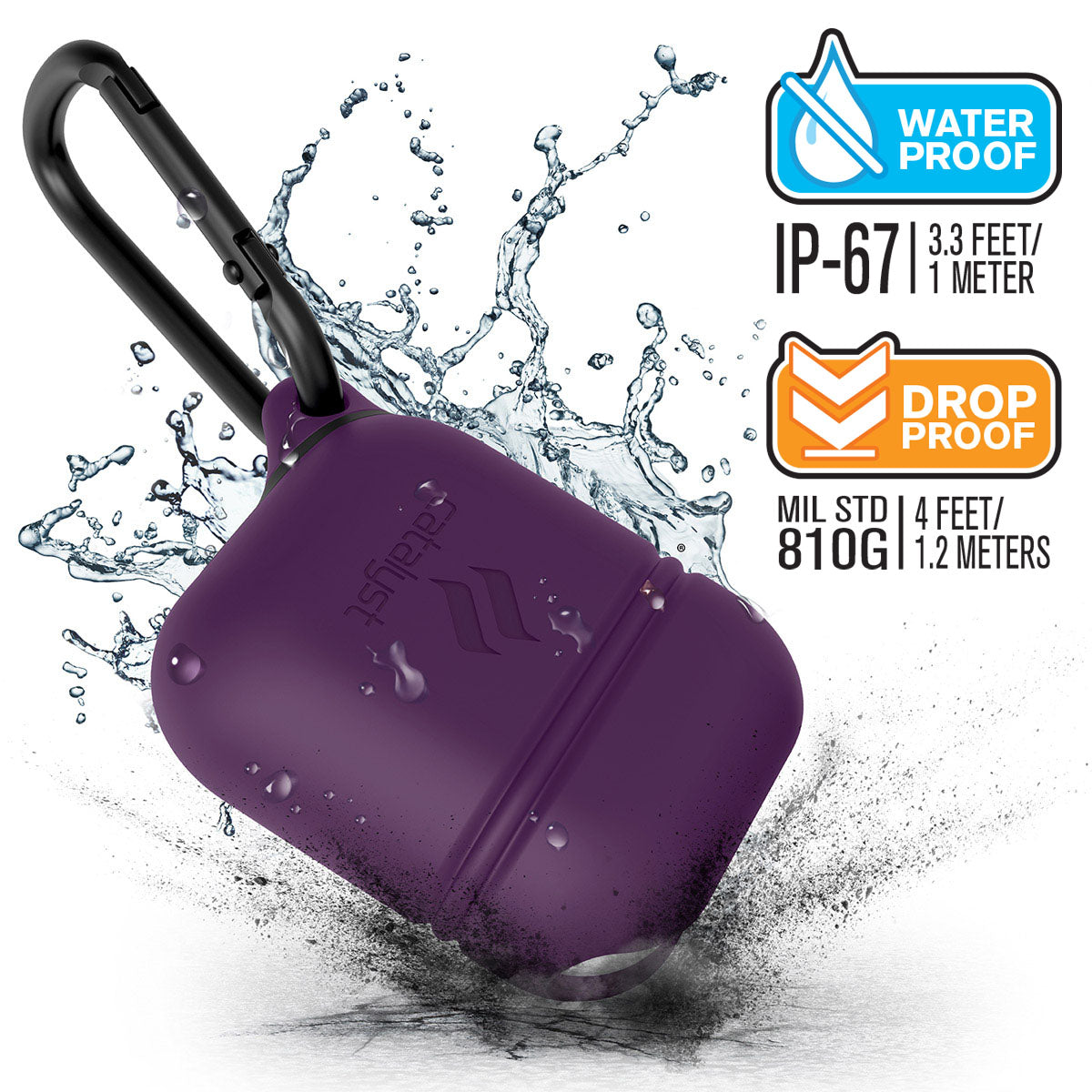 CATAPDPPL | Catalyst airpods gen2/1 waterproof case + carabiner showing the case drop proof and water proof features with attached carabiner in deep plum text reads 7 3.3 FEET/1 METER DROP PROOF MIL STD 810G 1.2 METERS