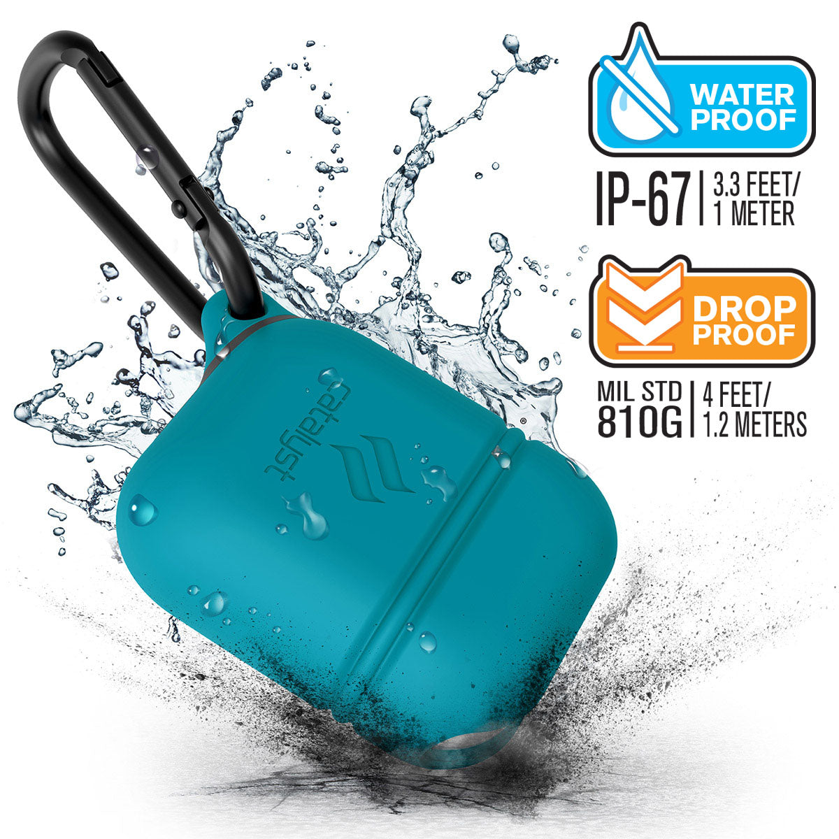 CATAPDTEAL | Catalyst airpods gen2/1 waterproof case + carabiner showing the case drop proof and water proof features with attached carabiner in glacier blue text reads water proof IP-67 3.3 FEET/1 METER DROP PROOF MIL STD 810G 1.2 METERS