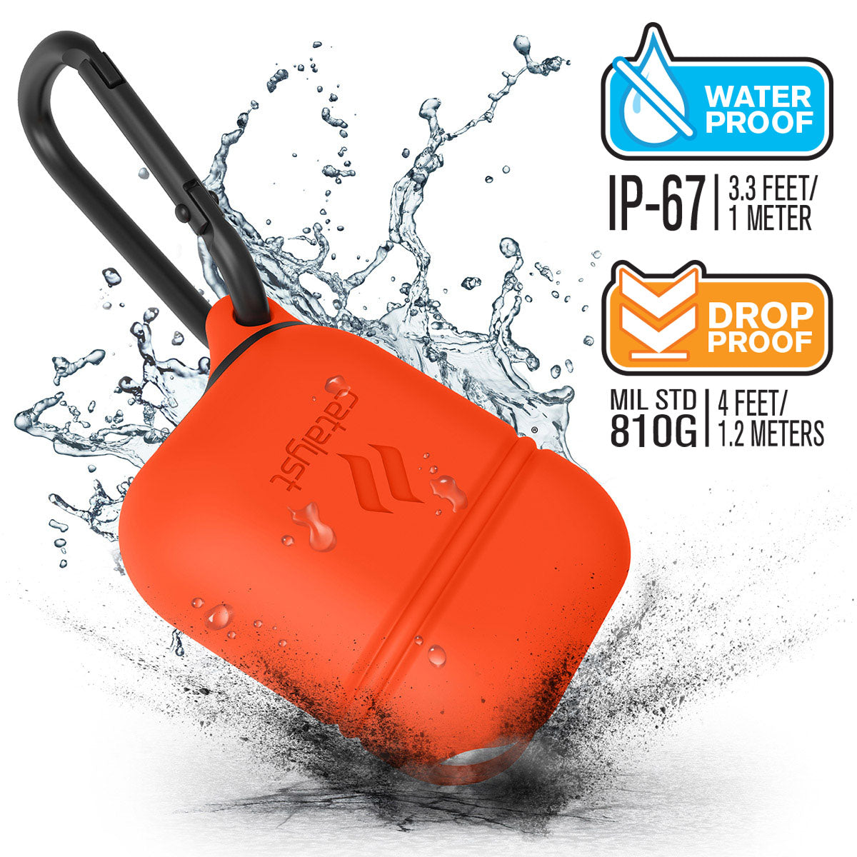 CATAPDSUN | Catalyst airpods gen2/1 waterproof case + carabiner showing the case drop proof and water proof features with attached carabiner in sunset text reads water proof IP-67 3.3 FEET/1 METER DROP PROOF MIL STD 810G 1.2 METERS