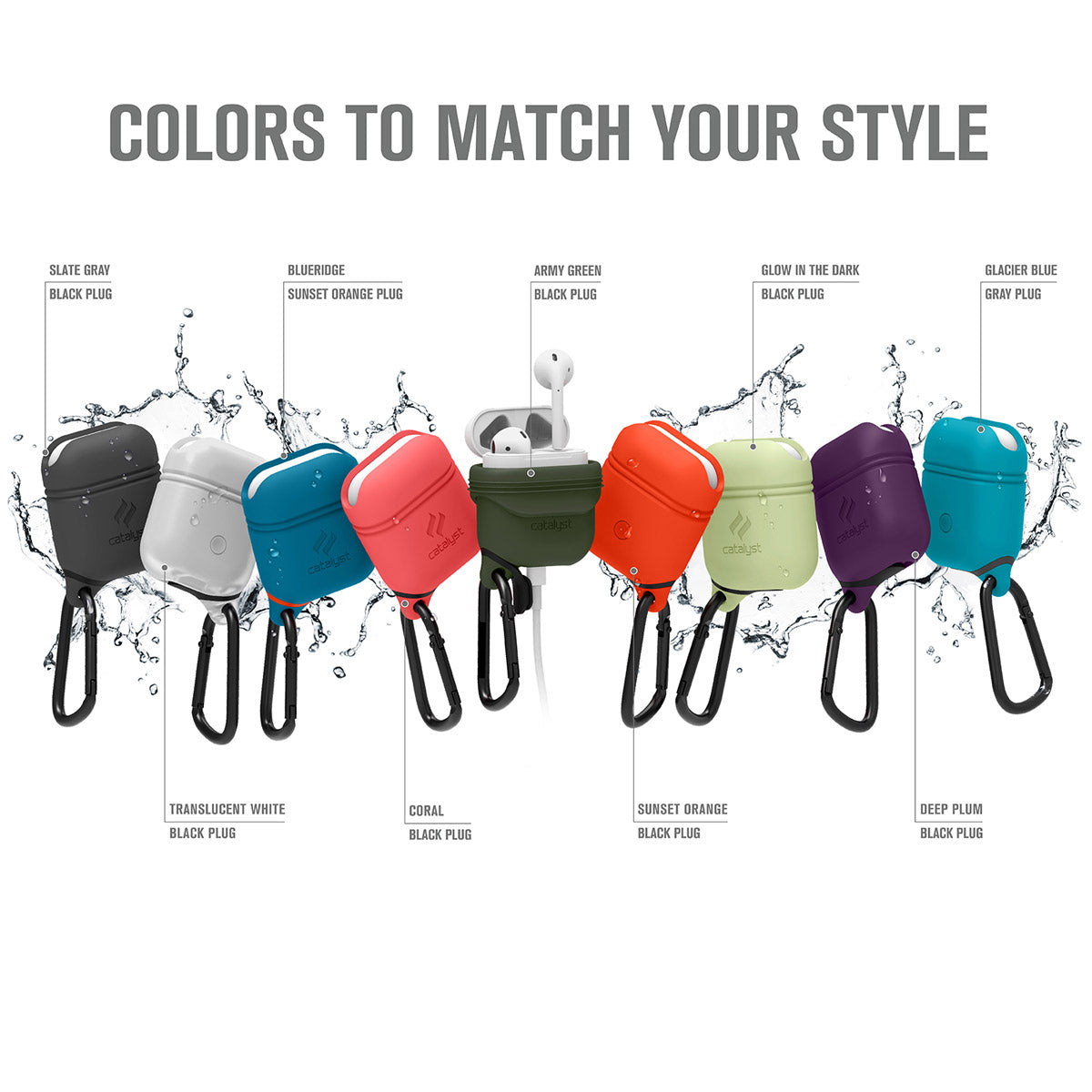 CATAPDSUN | Catalyst airpods gen2/1 waterproof case + carabiner showing the case nine colorways text reads colors to match your style