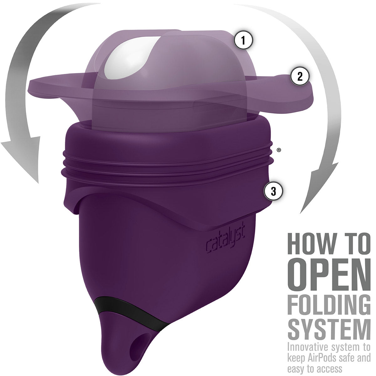 CATAPDPPL | Catalyst airpods gen2/1 waterproof case + carabiner showing the-foldable silicone in deep plum text reads how to open folding system innovative system to keep airpods safe and easy to access