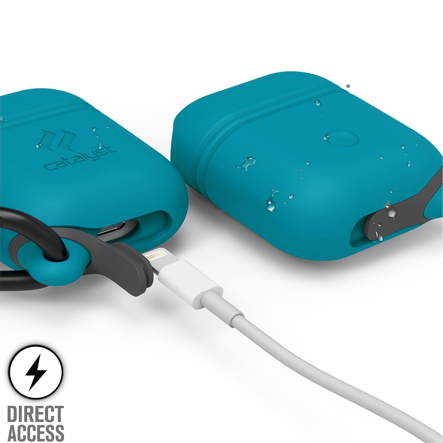 CATAPDTEAL | Catalyst airpods gen2/1 waterproof case + carabiner showing the front and back with lightning port in glacier blue text reads direct access