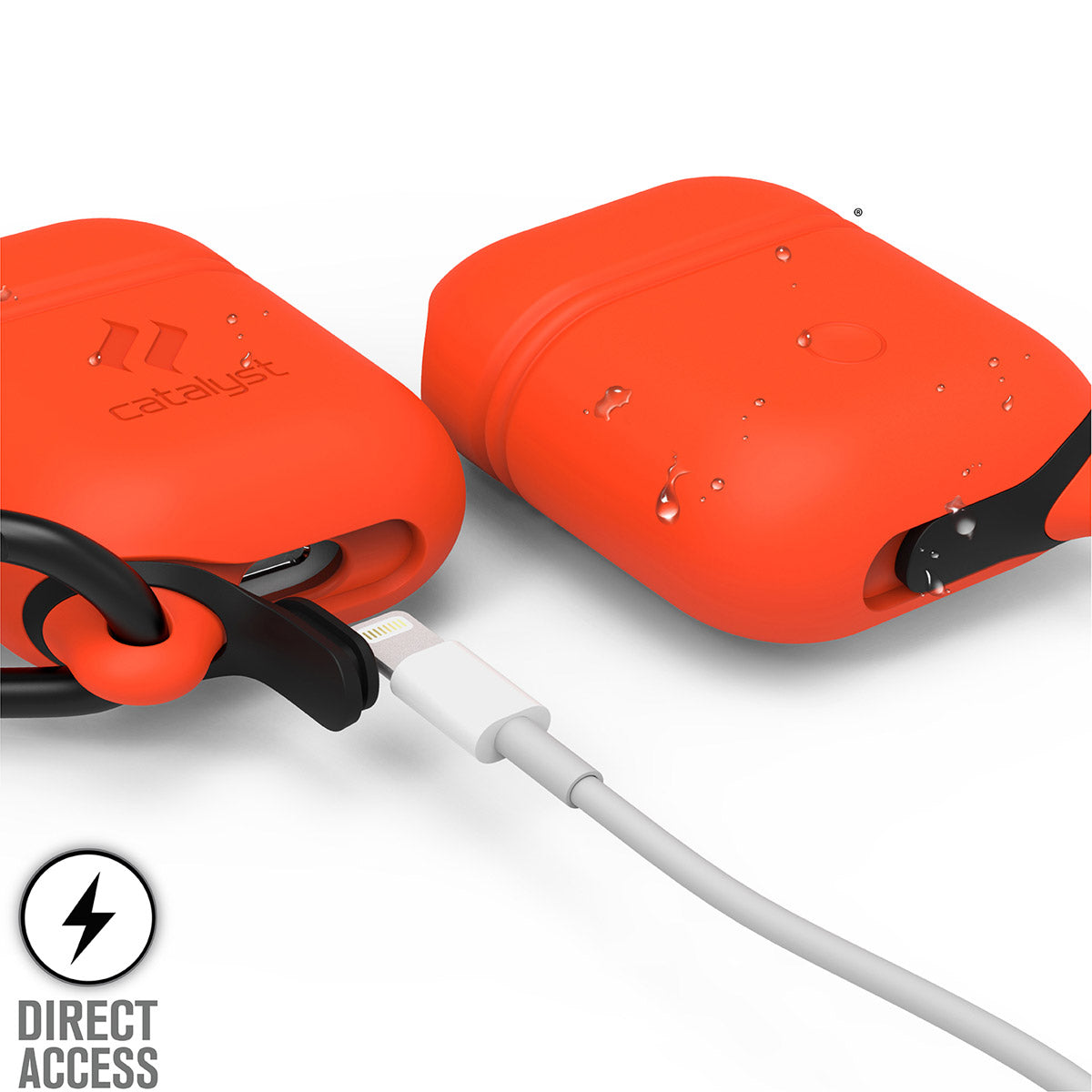 CATAPDSUN | Catalyst airpods gen2/1 waterproof case + carabiner showing the front and back with lightning port in sunset text reads direct access