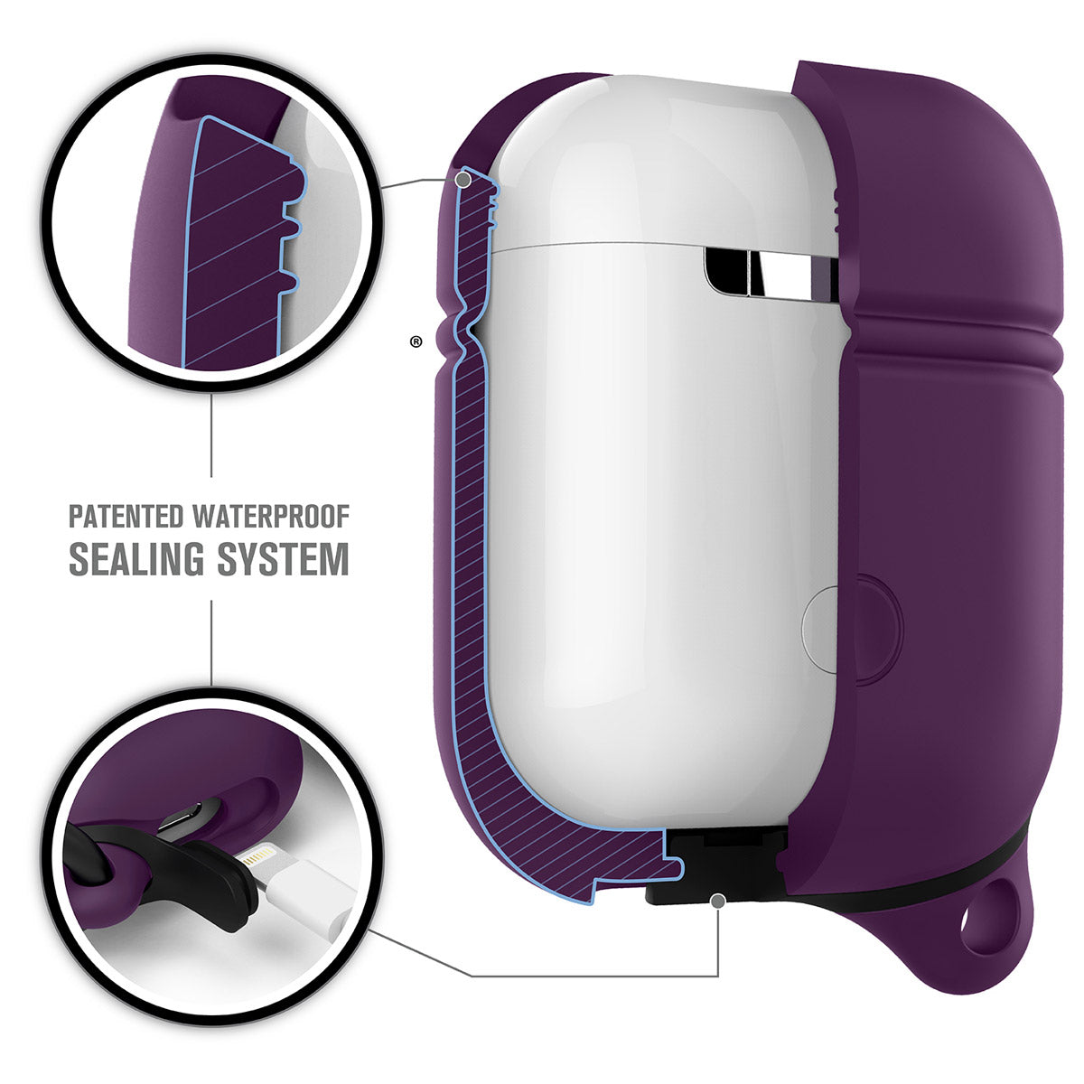 CATAPDPPL | Catalyst airpods gen2/1 waterproof case + carabiner showing the inner materials of the case in deep plum text reads patented waterproof sealing system