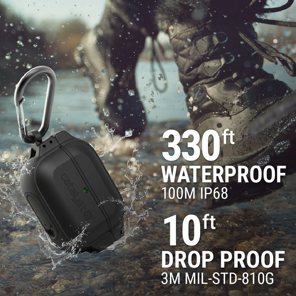 Catalyst airpds gen 3 100m waterproof total protection case+ carabiner showing how drop proof and waterproof resistance of the case in stealth black colorway text reads 330 ft waterproof 100m IP68 10ft drop proof 3m MIL-STD-810G