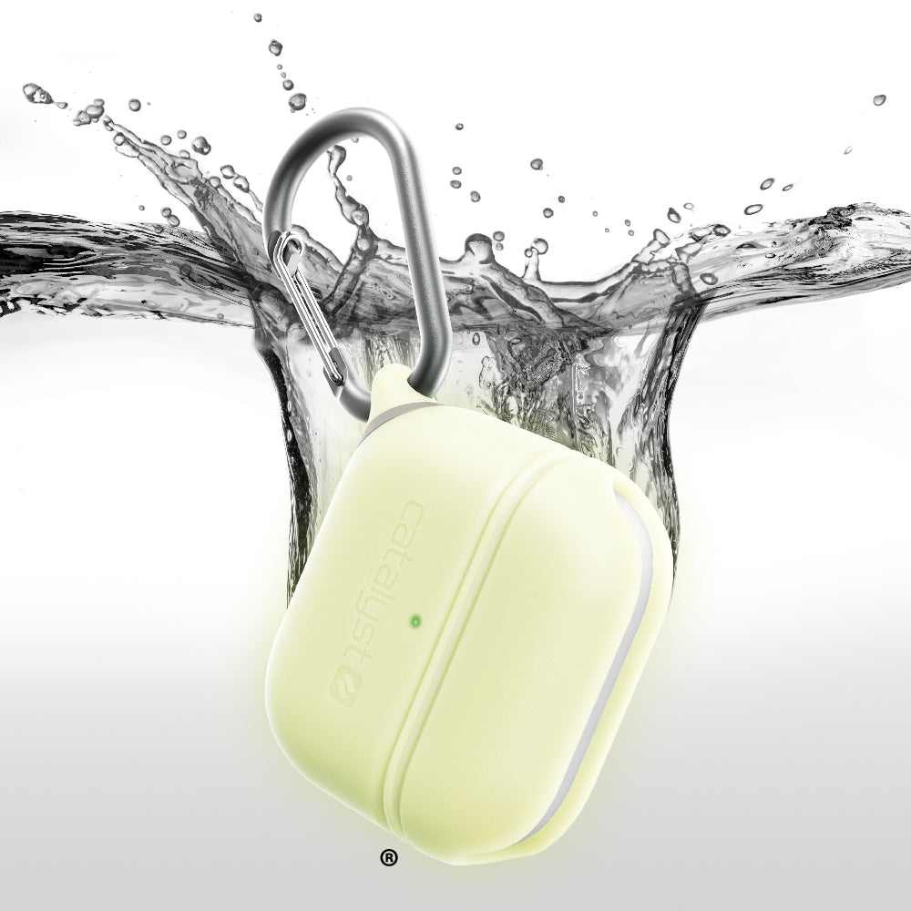 CATAPLAPD3GITD | Catalyst airpods gen 3 waterproof case+carabiner special edition showing the capacity of the case being waterproof in glow in the dark colorway