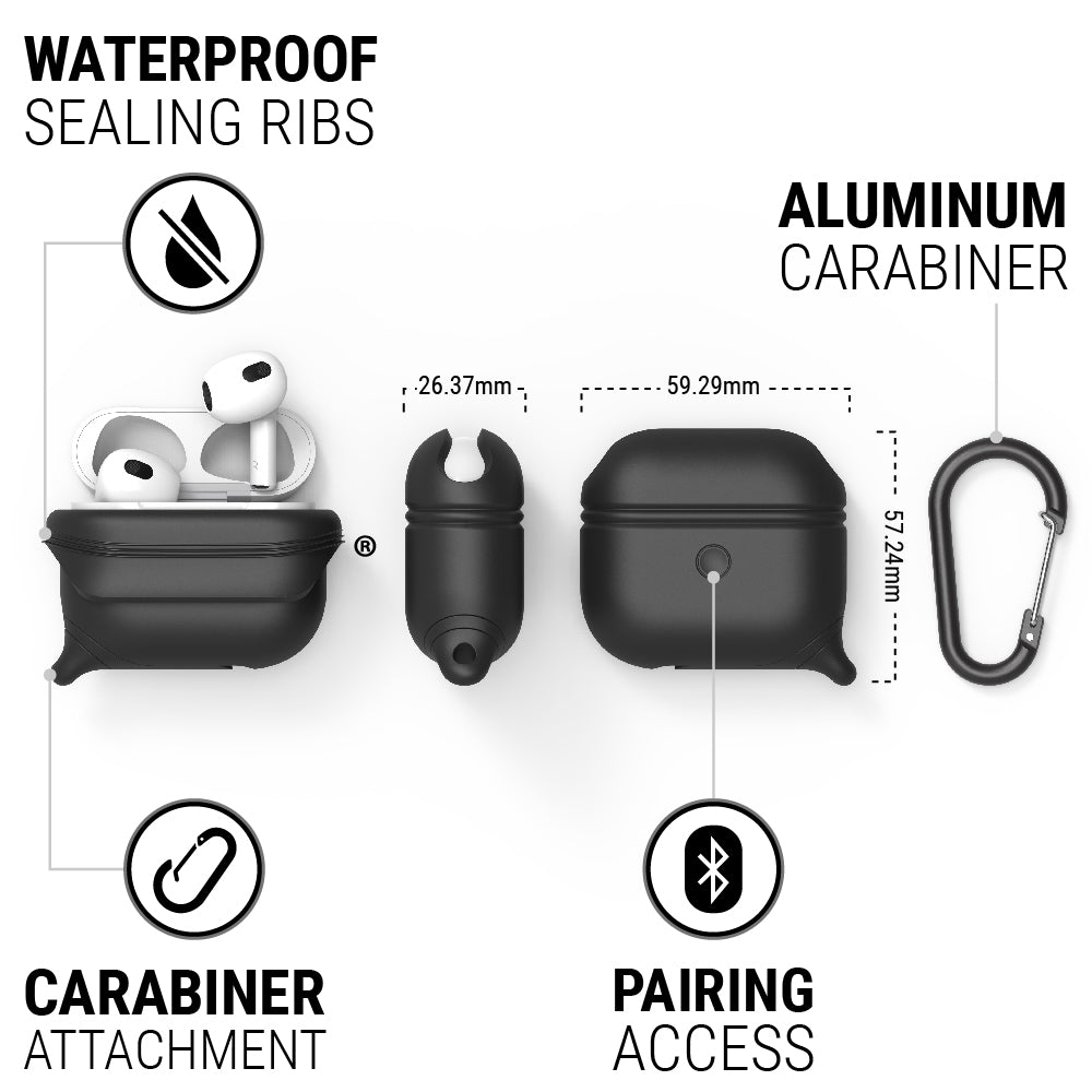 CATAPLAPD3BLK | Catalyst airpods gen 3 waterproof case+carabiner special edition showing the case features and dimensions in black colorway 