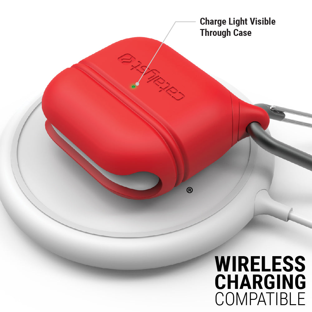 CATAPLAPD3RED | Catalyst airpods gen 3 waterproof case+carabiner special edition showing the case wireless charging in red colorway text reads charge light visible through case wireless charging compatible