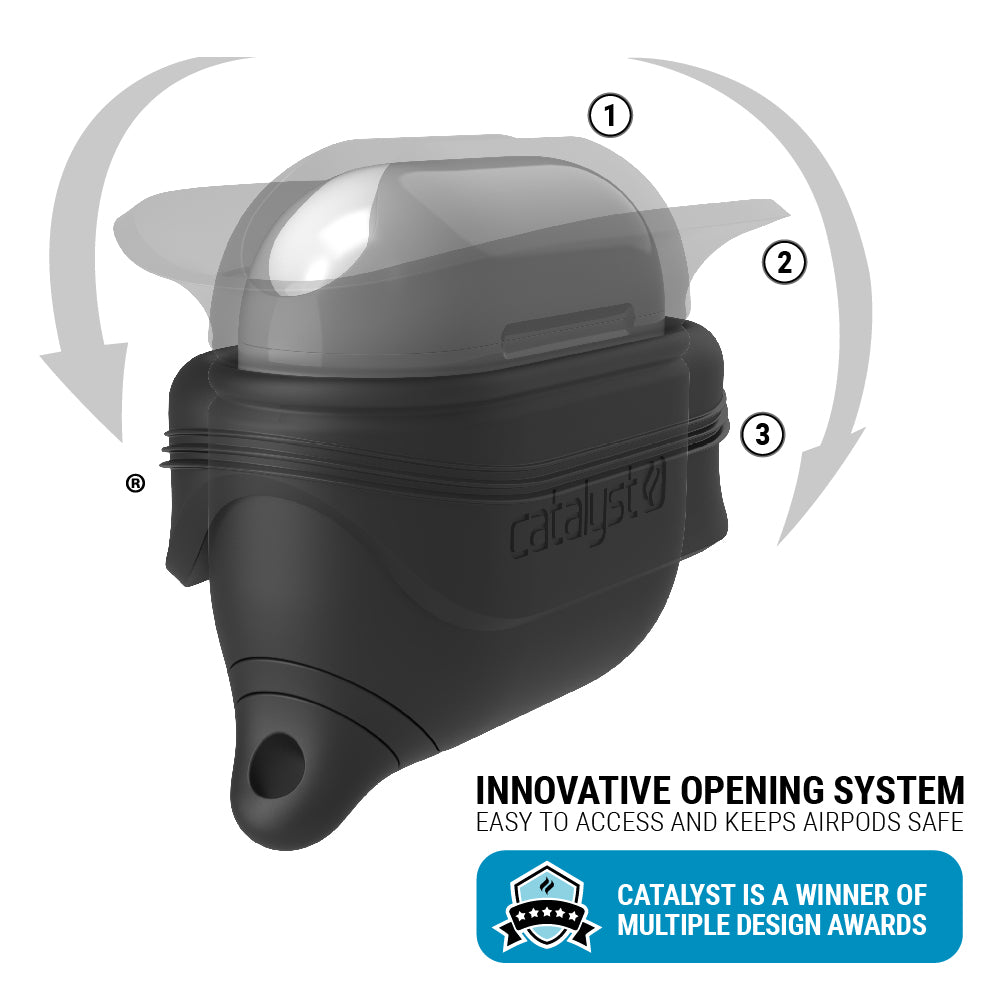 CATAPLAPD3BLK | Catalyst airpods gen 3 waterproof case+carabiner special edition showing the foldable silicone of the case in black colorway text reads innovative opening system easy to access and keeps airpods safe catalyst is a winner of multiple awards