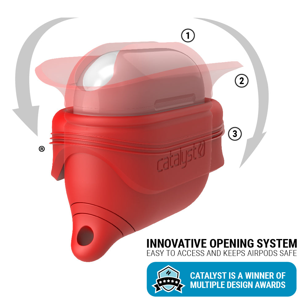 CATAPLAPD3RED | Catalyst airpods gen 3 waterproof case+carabiner special edition showing the foldable silicone of the case in red colorway text reads innovative opening system easy to access and keeps airpods safe catalyst is a winner of multiple awards