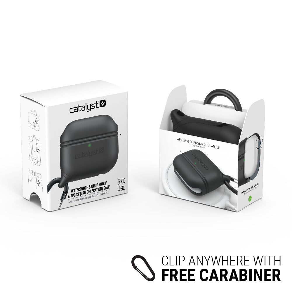 CATAPLAPD3BLK | Catalyst airpods gen 3 waterproof case+carabiner special edition showing the front and back view of the case in black colorway text reads clip anywhere with free carabiner