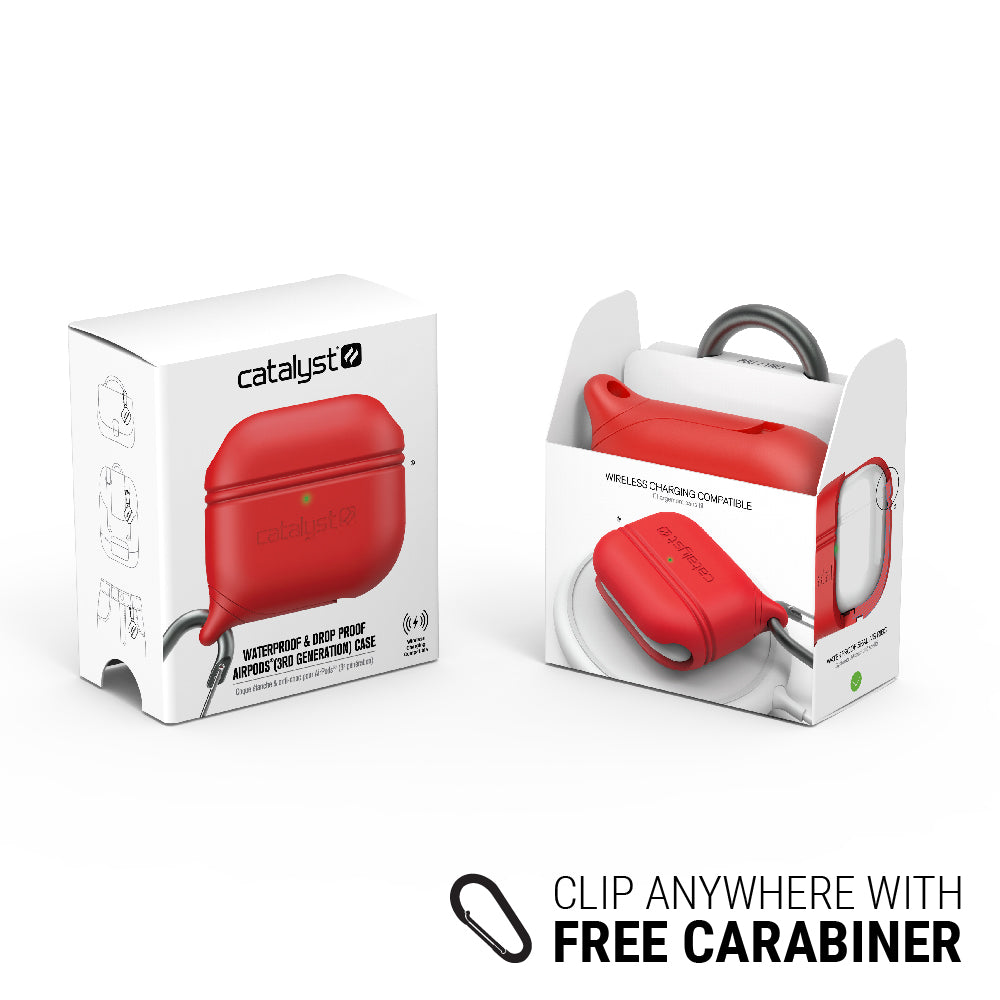 CATAPLAPD3RED | Catalyst airpods gen 3 waterproof case+carabiner special edition showing the front and back view of the case in red colorway text reads clip anywhere with free carabiner