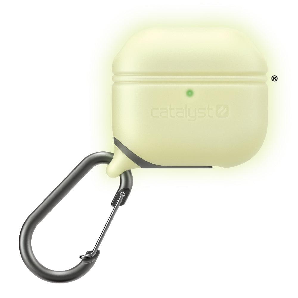 CATAPLAPD3GITD | Catalyst airpods gen 3 waterproof case+carabiner special edition showing the front view of the case in glow in the dark colorway