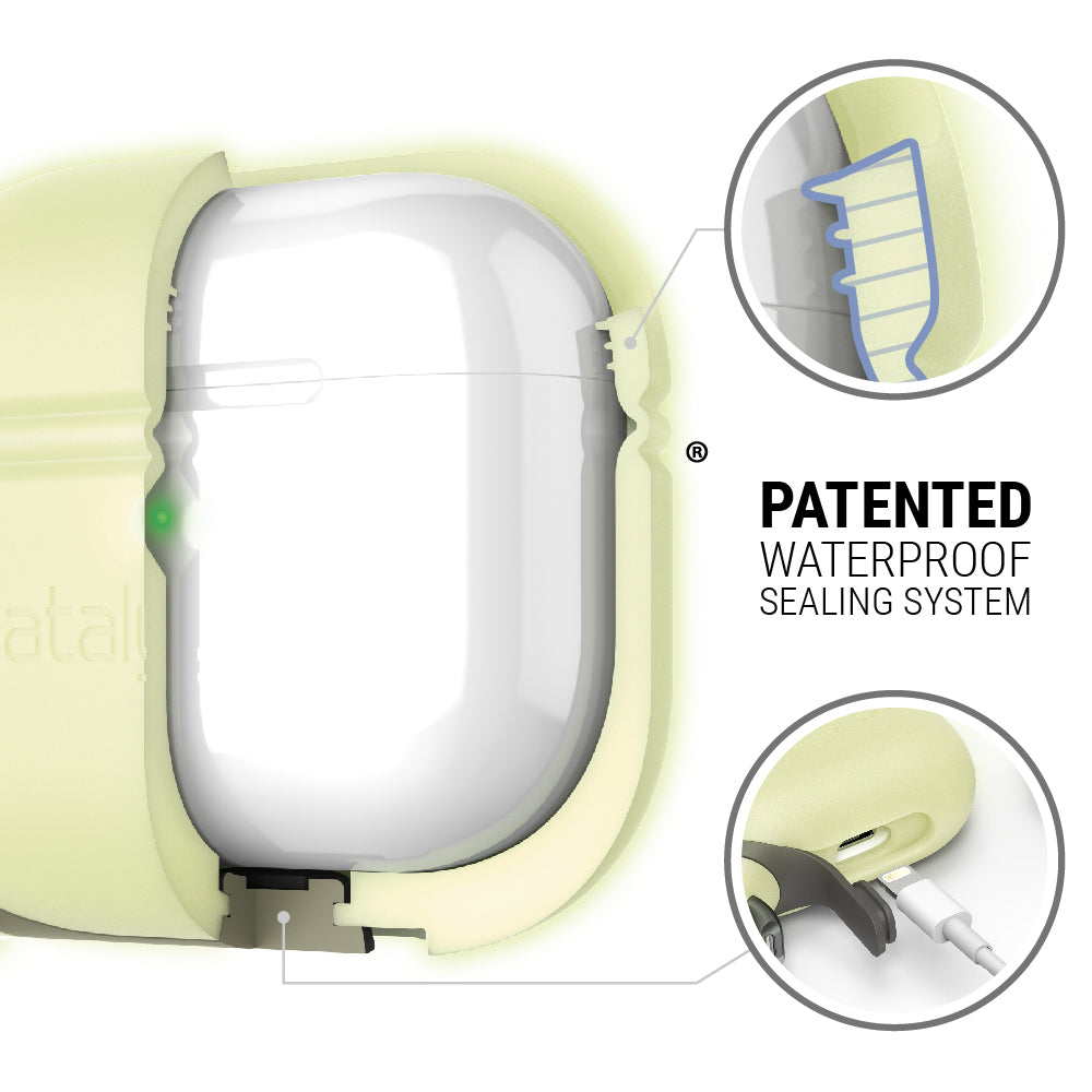 CATAPLAPD3GITD | Catalyst airpods gen 3 waterproof case+carabiner special edition showing the inner material of the case in glow in the dark colorway text reads patented waterproof sealing system