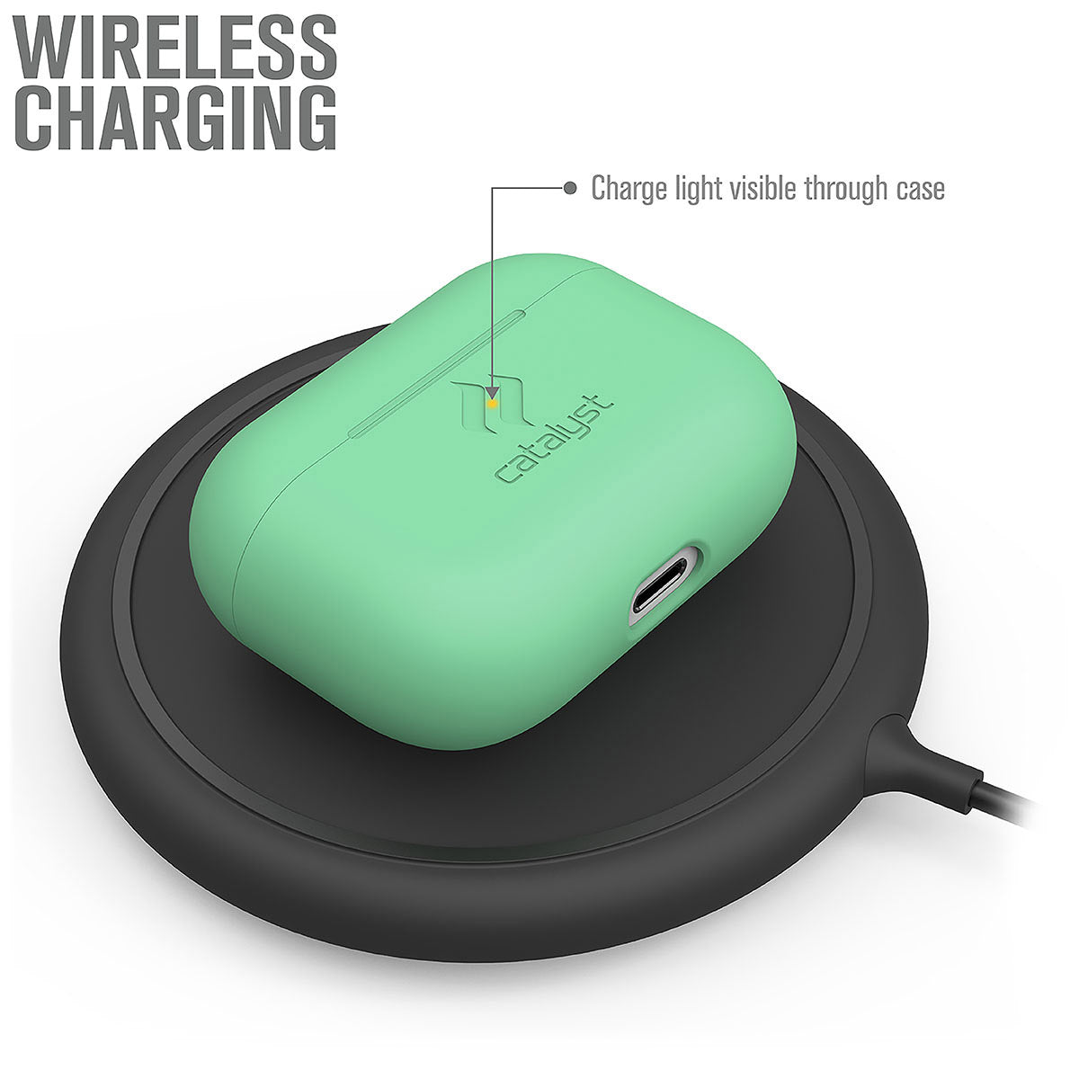 Catalyst airpods pro gen 2/1 slim case showing wireless charging of the case in a mint green colorway