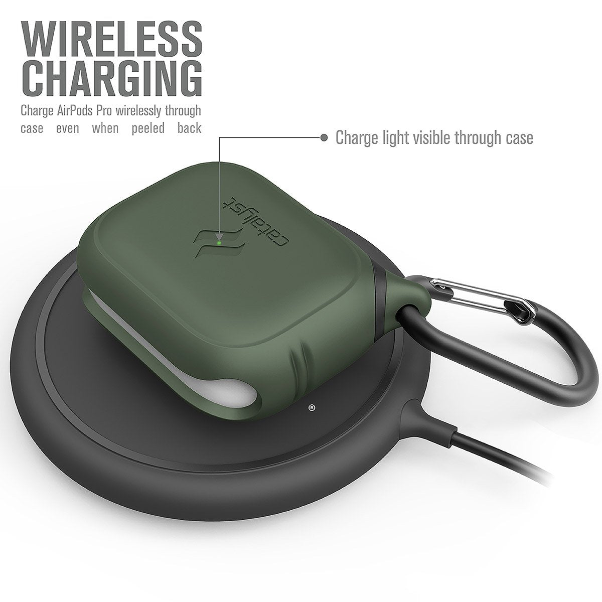 CATAPDPROGRN | catalyst airpods pro gen 2 1 waterproof case carabiner army green on top of a wireless charger text reads wireless charging charge airpods pro wirelessly through case even when peeled back charge light visible through case
