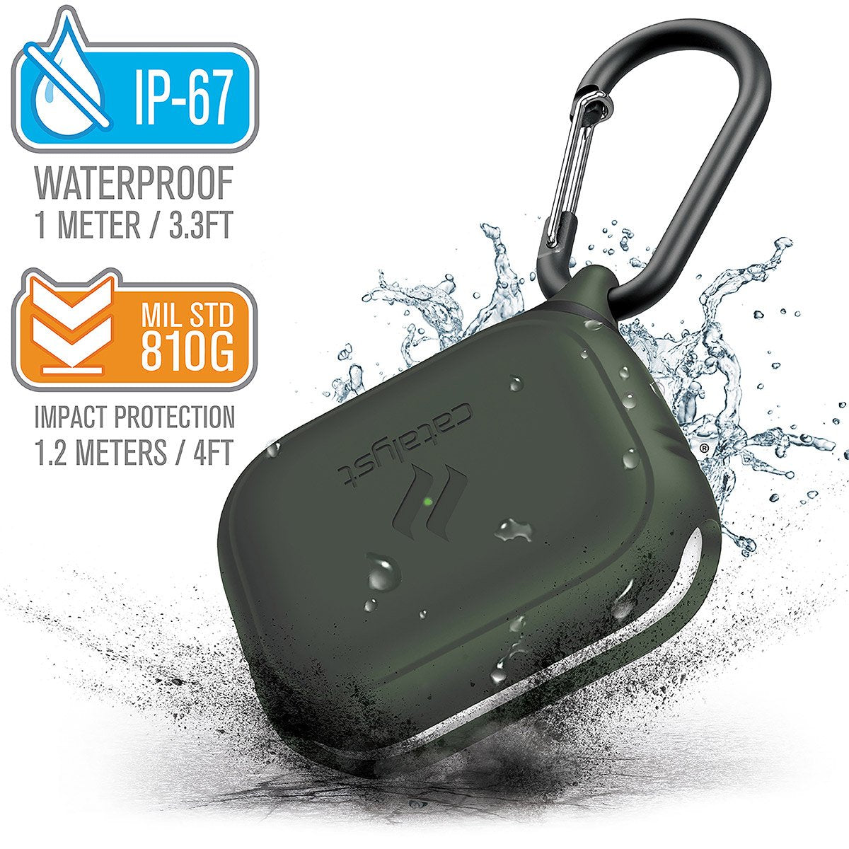 CATAPDPROGRN | catalyst airpods pro gen 2 1 waterproof case carabiner army green with cracked floor and splashes of water text reads ip-67 waterproof 1 meter 3.3ft mil std 810g impact protection 1.2 meters 4ft