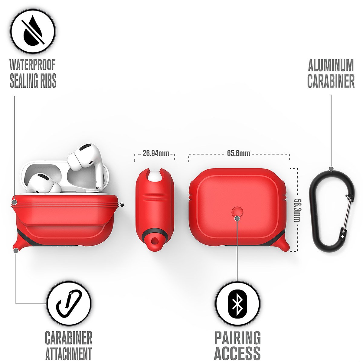 CATAPDPRORED | catalyst airpods pro gen 2 1 waterproof case carabiner flame red different views showing the sealing ribs carabiner attachment loop and pairing access text reads waterproof sealing ribs aluminum carabiner carabiner attachment pairing access