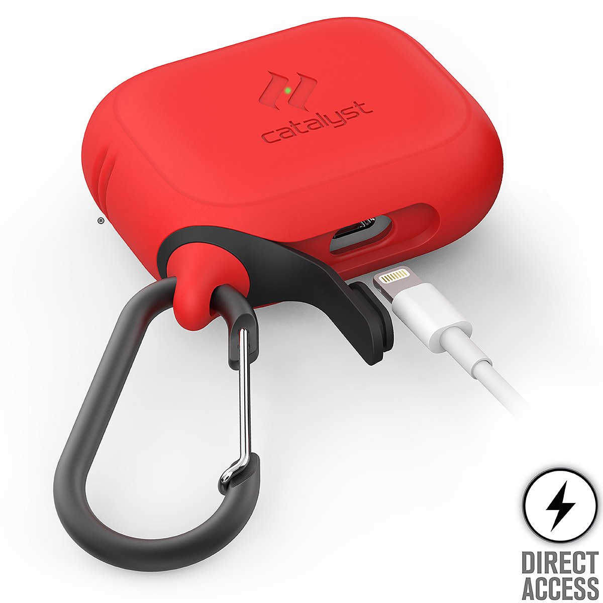 CATAPDPRORED | catalyst airpods pro gen 2 1 waterproof case carabiner flame red open charging plug text reads direct access