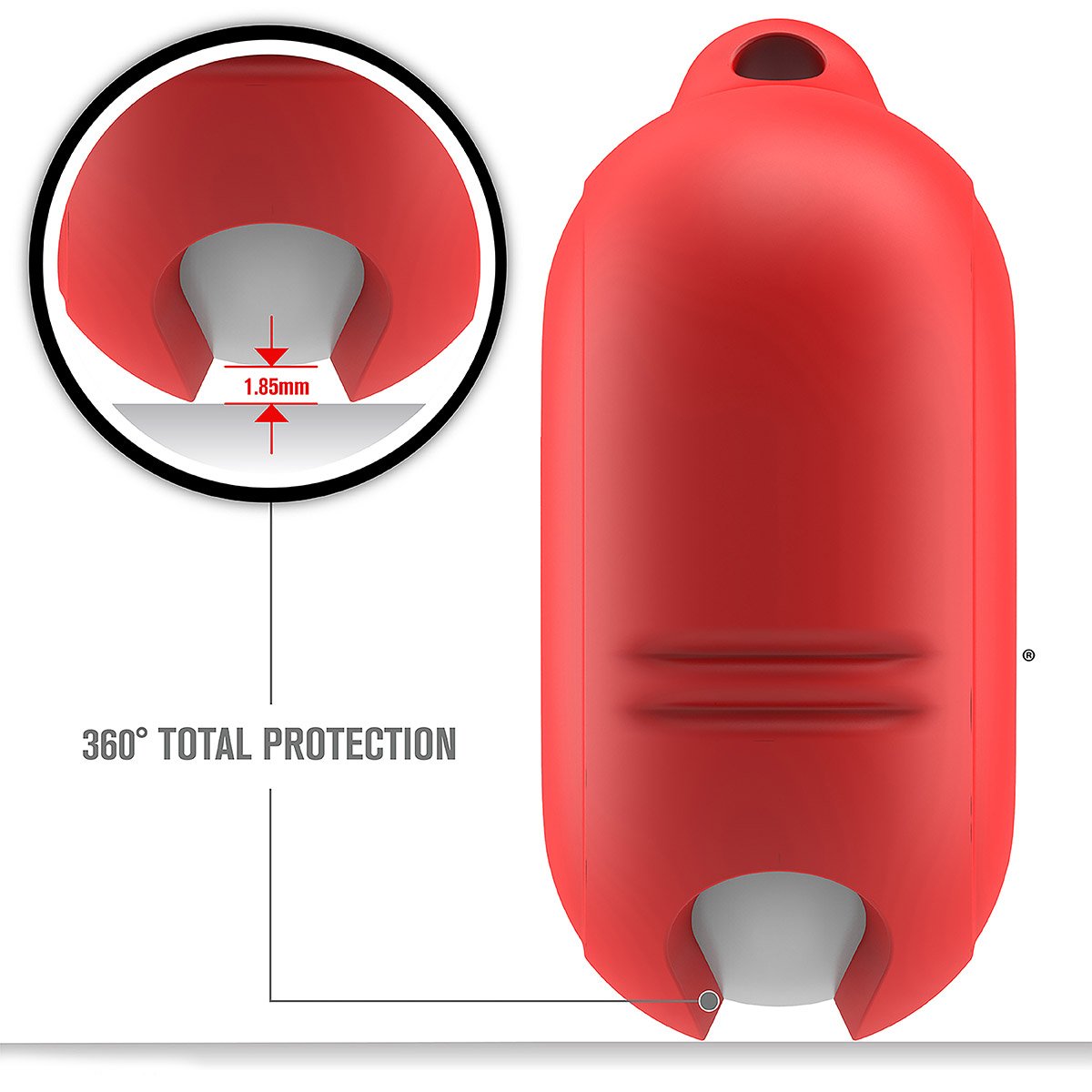 CATAPDPRORED | catalyst airpods pro gen 2 1 waterproof case carabiner flame red side view text reads 1.85mm 360 total protection