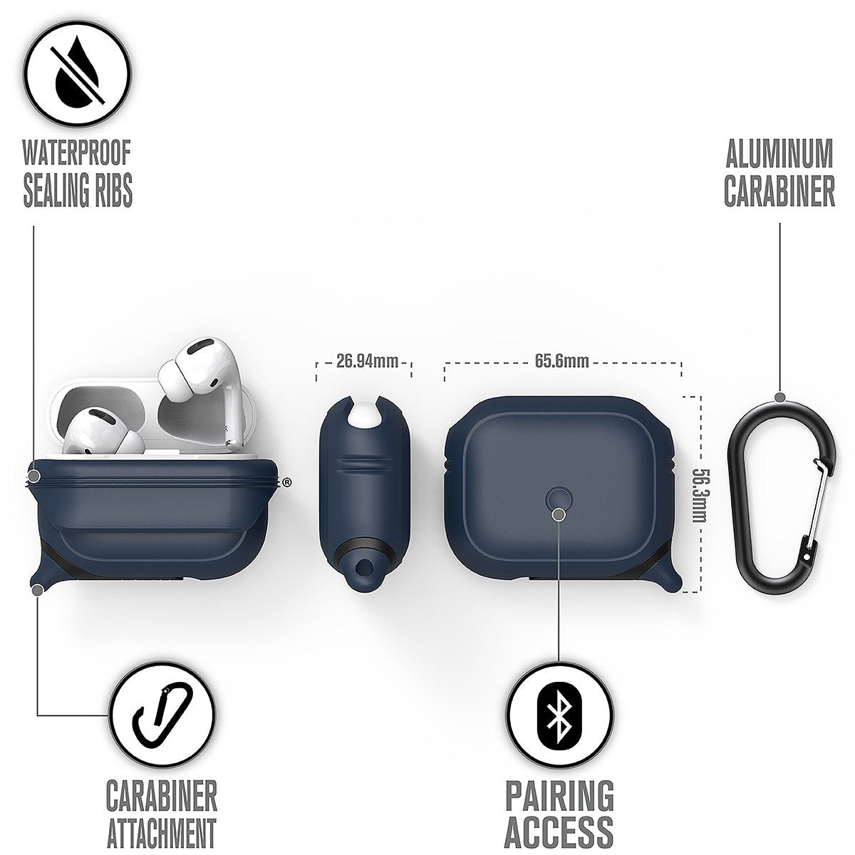 CATAPDPRONAV | catalyst airpods pro gen 2 1 waterproof case carabiner midnight blue different views showing the sealing ribs carabiner attachment loop and pairing access text reads waterproof sealing ribs aluminum carabiner carabiner attachment pairing access