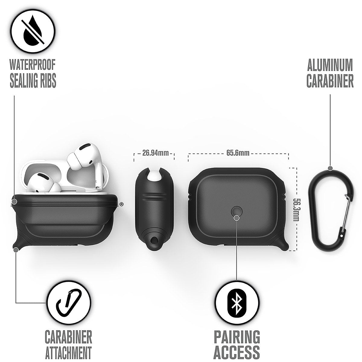 CATAPDPROBLK | catalyst airpods pro gen 2 1 waterproof case carabiner stealth black different views showing the sealing ribs carabiner attachment loop and pairing access text reads waterproof sealing ribs aluminum carabiner carabiner attachment pairing access