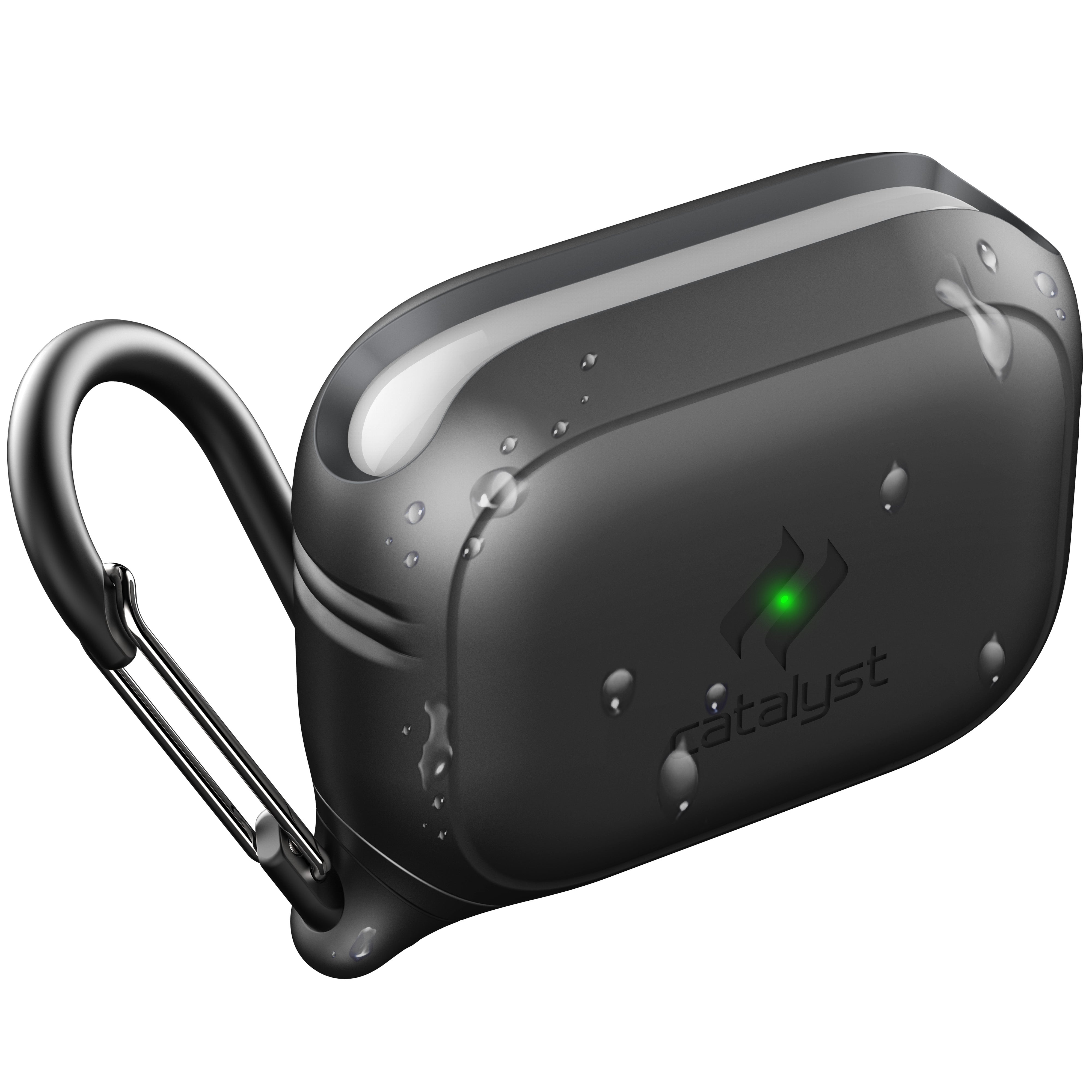 CATAPDPROBLK | catalyst airpods pro gen 2 1 waterproof case carabiner stealth black front view with green charge light visible through the case