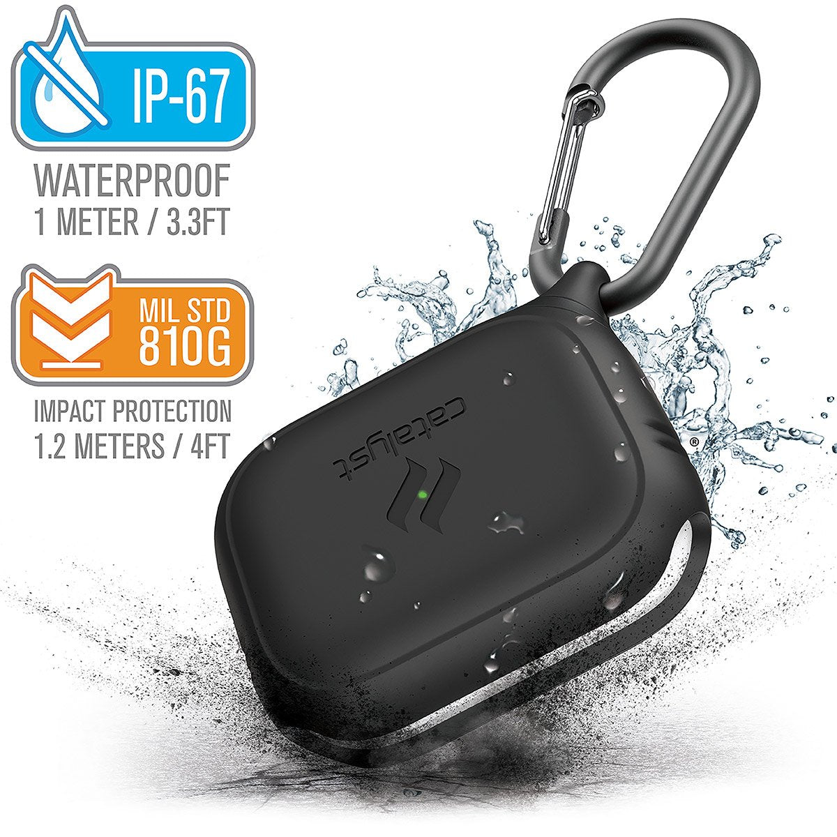 CATAPDPROBLK | catalyst airpods pro gen 2 1 waterproof case carabiner stealth black with cracked floor and splashes of water text reads ip-67 waterproof 1 meter 3.3ft mil std 810g impact protection 1.2 meters 4ft