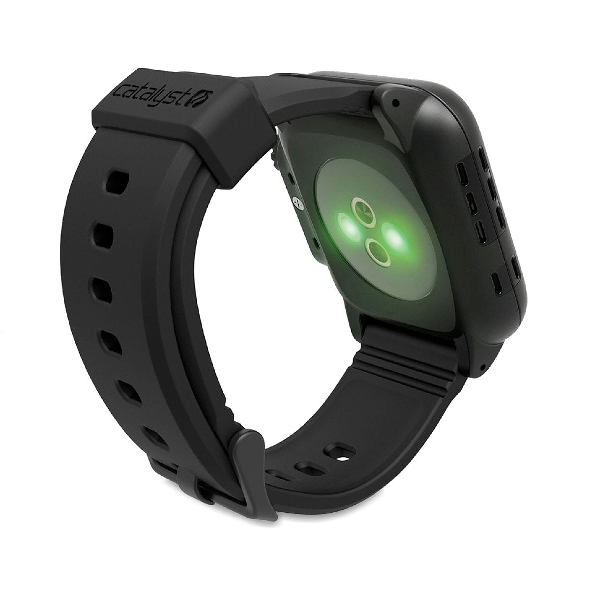 catalyst apple watch series 3 42mm waterproof case band showing the back of the catalyst case with green lights on the optic sensor