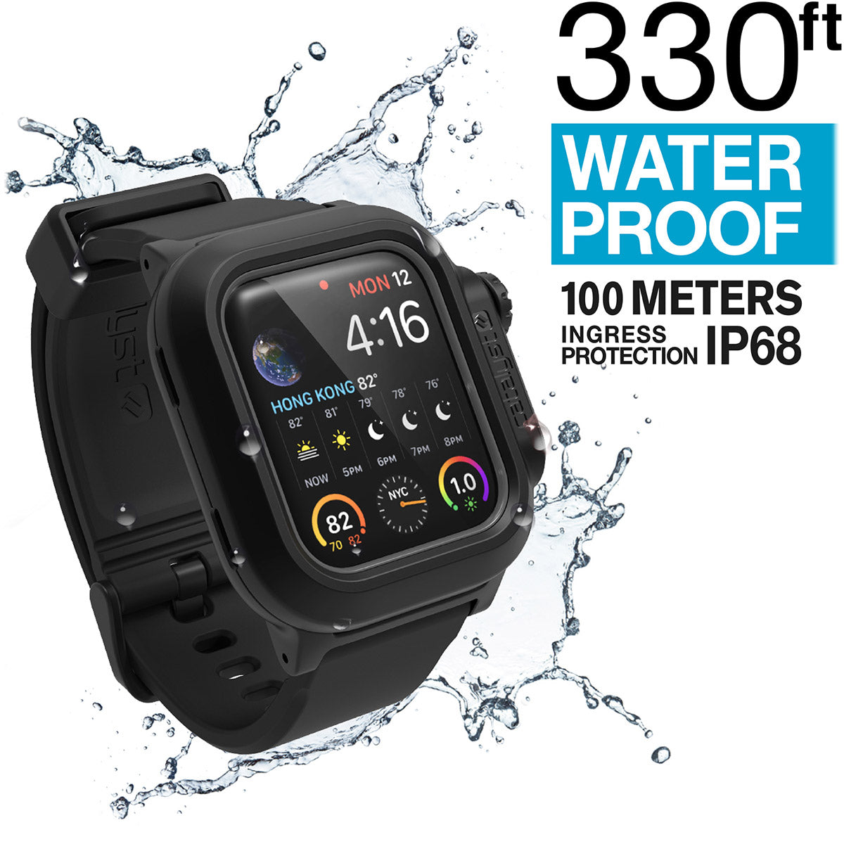 catalyst apple watch series 6 5 4 se gen 2 1 40mm 44mm waterproof case band black gray with splashes of water text reads 330ft waterproof 100 meters ingress protection ip68