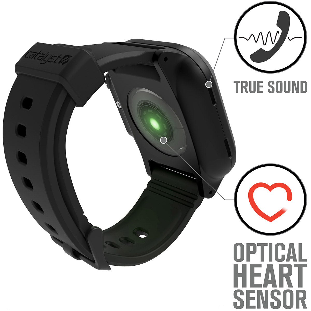 catalyst apple watch series 6 5 4 se gen 2 1 40mm 44mm waterproof case band stealth black  showing a green light on the optical heart sensor text reads true sound optical heart sensor